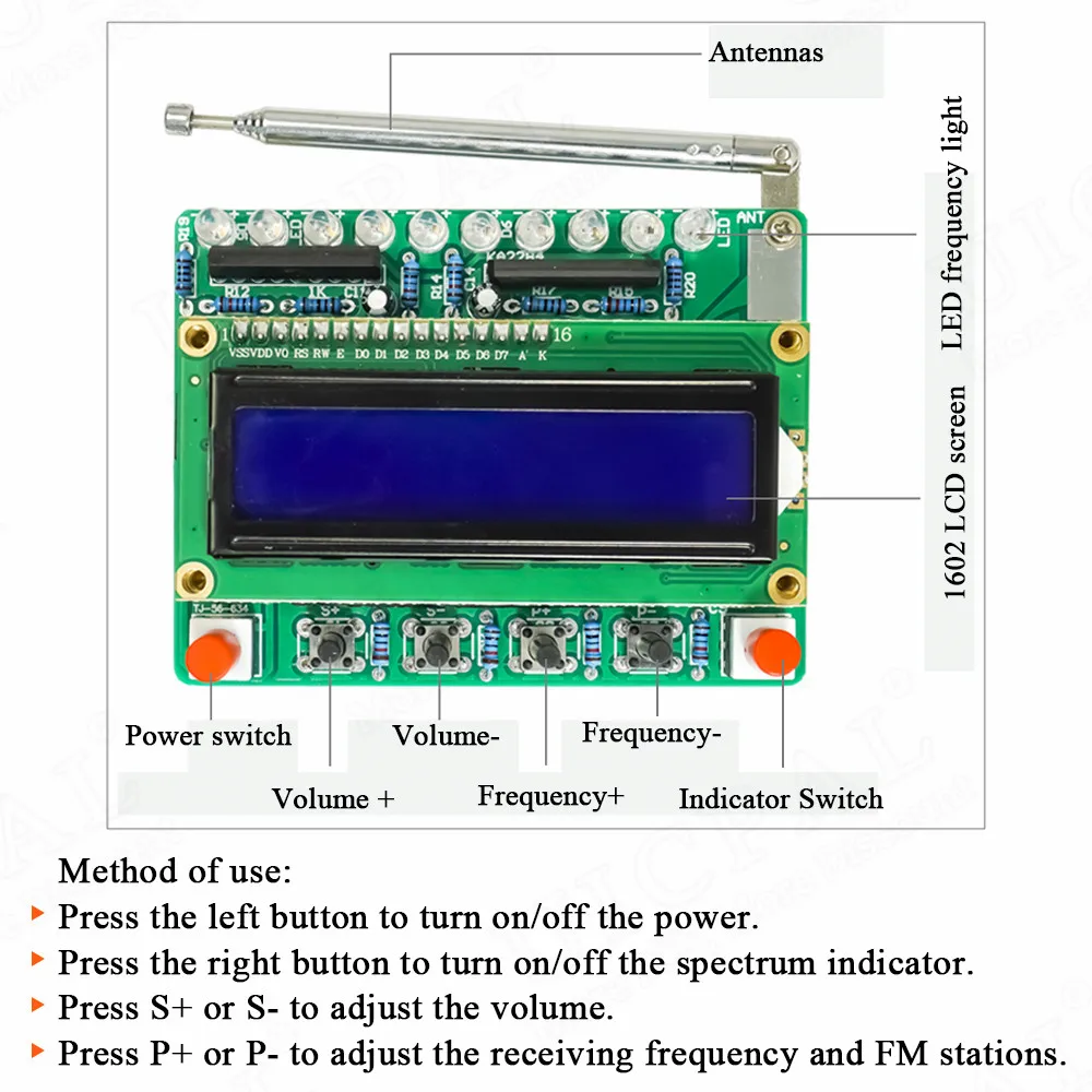 DIY FM Radio Electronic Kit Adjustable Frequency 87-108MHZ LCD1602 Display PCB Soldering Project Practice Solder RDA5807