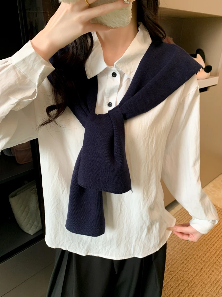 French Vintage Chic Casual Two Piece Set Tops Women Slim Fit Polo Collar Button Shirts + Shawl Elegant Autumn Fashion Outfits