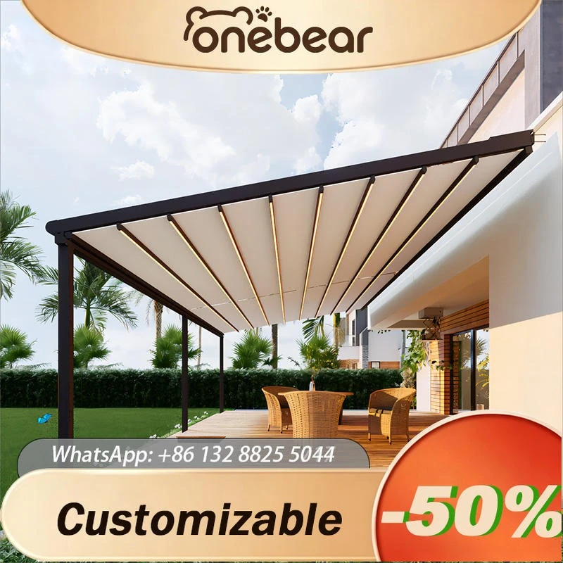 Any Size Custom Modern Electric Retractable Outdoor Awning With LED Lights Waterproof Durable Patio Yard Garden Pergola