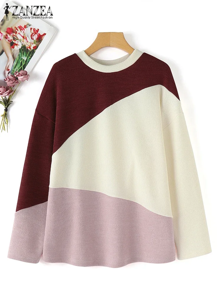 

ZANZEA Women Sweaters 2025 Autumn Casual Loose Pullovers Round Neck Fashion Long Sleeve Office Jumpers Colorblock Elegant Tops