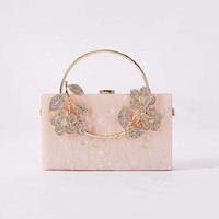 New Women’s Acrylic Evening Bag Pearlescent Floral Tote Vintage Square Purse Luxury Crossbody Shoulder Handbag for Banquet