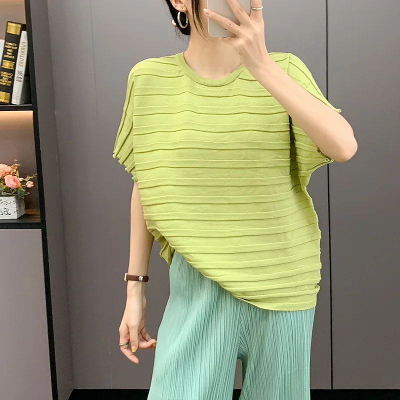 

Miyake PLEATS PLEASE Tee: A-Line Asymmetric Cut | Lightweight Round Neck Top | Textured Pleats [YS325264]