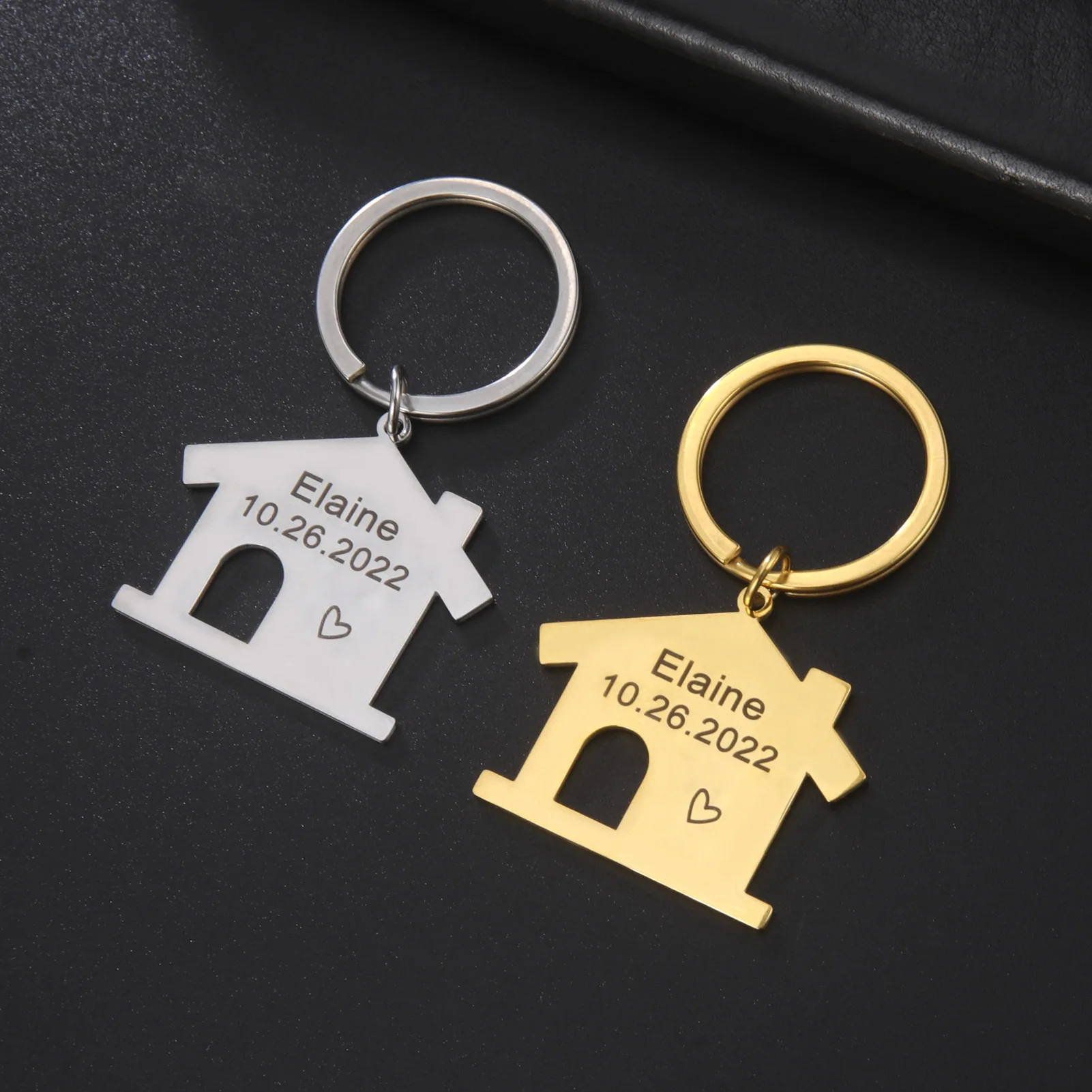 WLP Fashion House Shape Laser Engrave Personalised Text Name Date ID Keychain for Family Stainless Steel Special Key Chain Gift