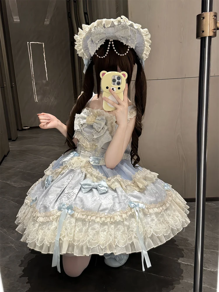 Original Design Blue Lolita Dress Women Sweet Ballet Style JSK Strap Dress Summer Princess Dress Sleeveless Dresses