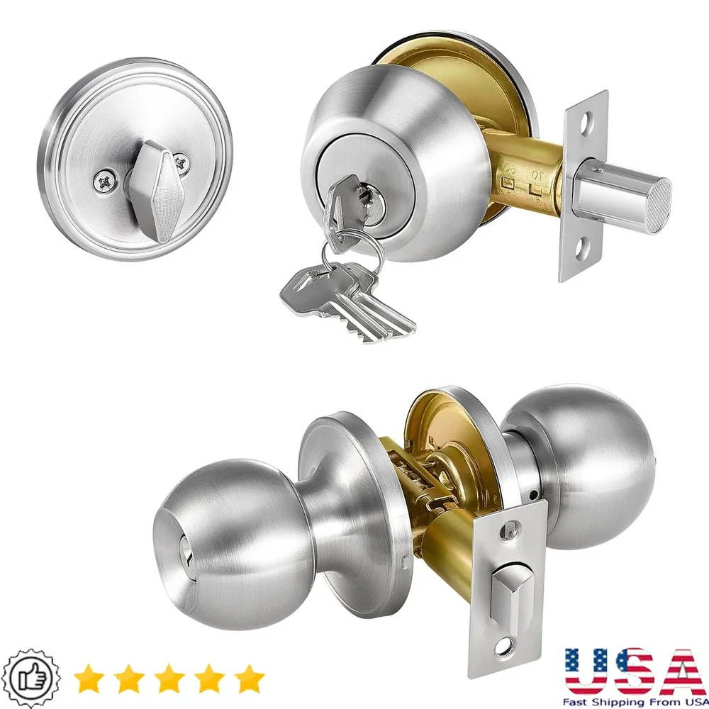 

Nickel-Plated Entry Door Knob Deadbolt Set Stainless Steel Security Lock Adjustable Latch Easy Installation Home Protection