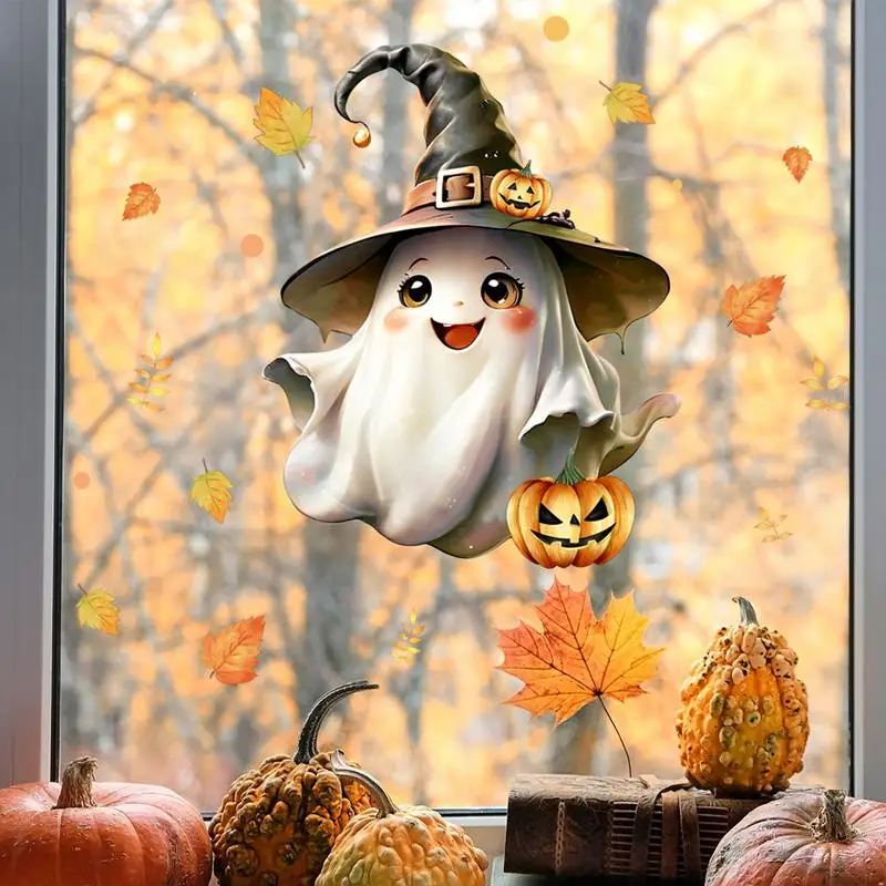 Halloween Clings For Window Witch Hat Ghost Halloween Stickers Wall Decals Pumpkin Ghosts Window Decor White Ghost Label Decal