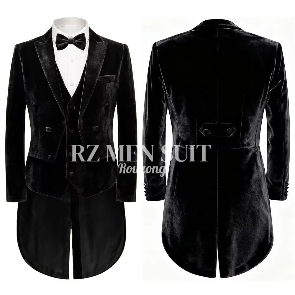Mens Suit 3 Piece Velvet Tailcoat Tux for Wedding Party Banquet Slim Fit Long Tail Tuxedos Double Breasted Vest Pants