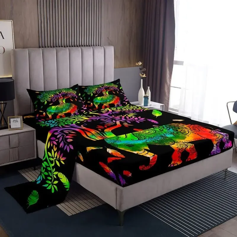 Elephant Sheets Set Bohemian Mandala Bedding Set Twin,Purple Teal Green Tie Dye Tribal Exotic Tree of Life Bed Sheet for Teen