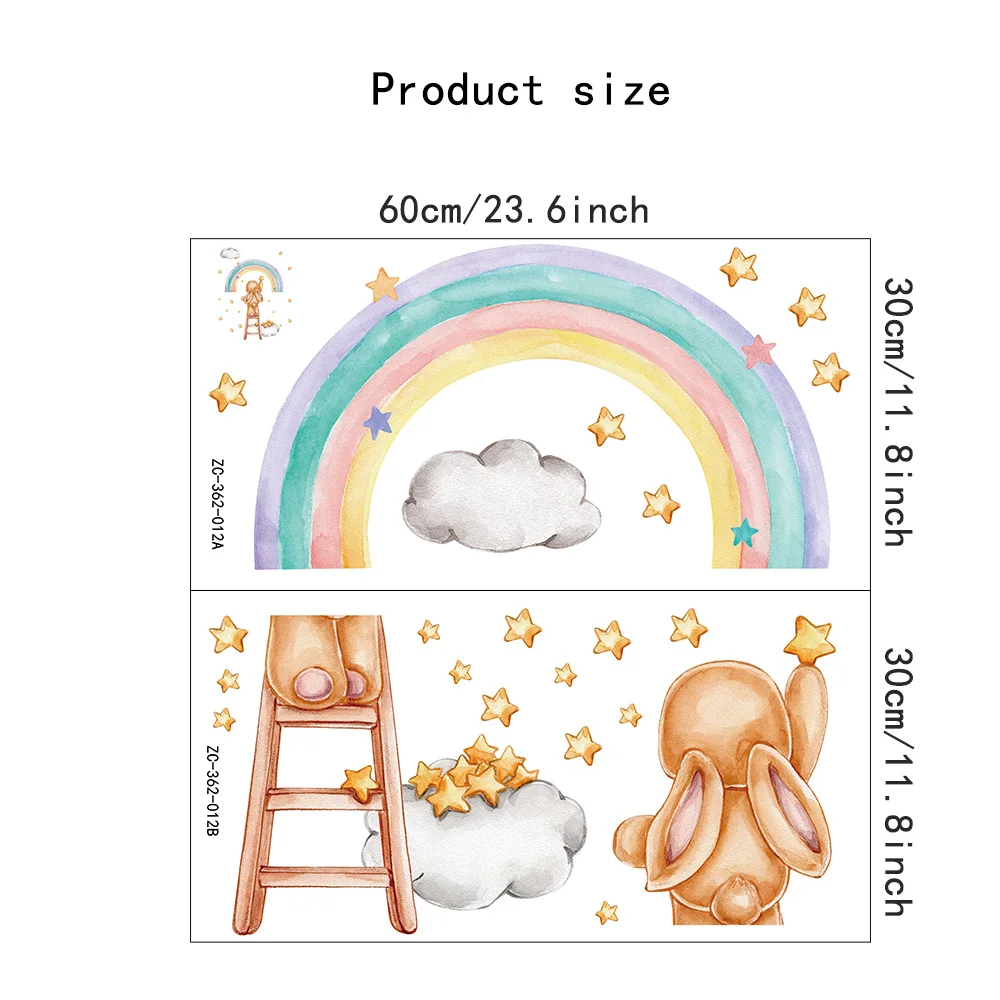 Cute Rabbit Hand-painted Rainbow Wall Stickers Stars for Bedroom Nursery Home Decor Art Eco-frienly Kids Room Decals PVC Murals