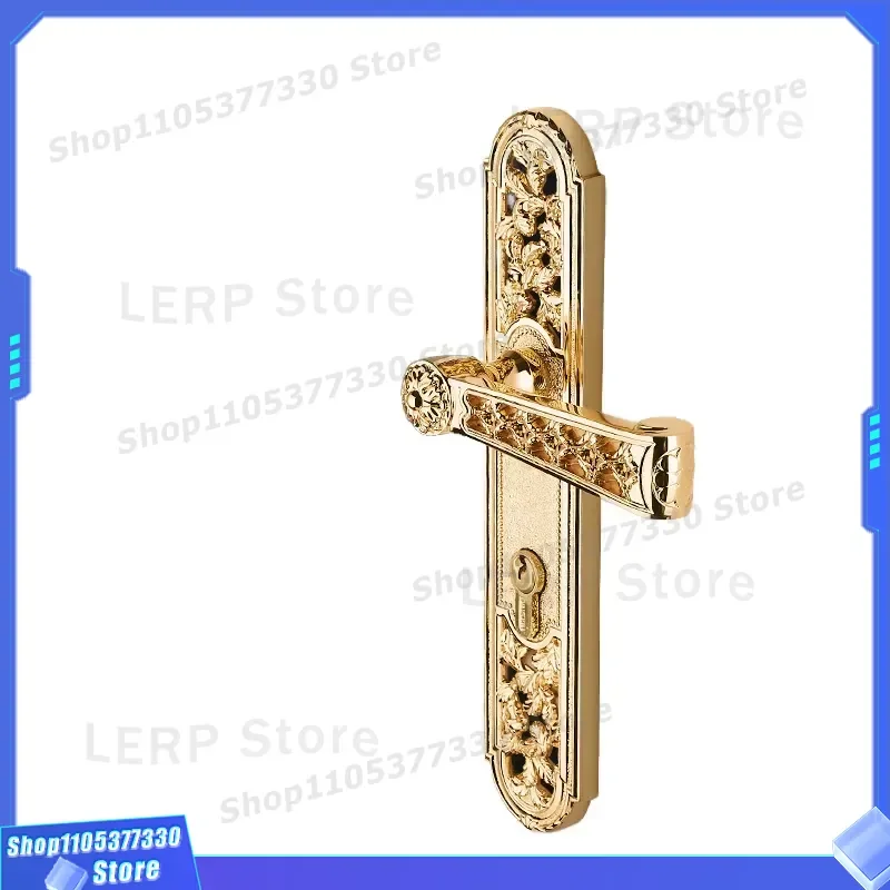 Smart Copper Door Handle with Key Lock for Indoor Bedroom Silent Wooden Villa Style Anti Theft Carved Design European Light