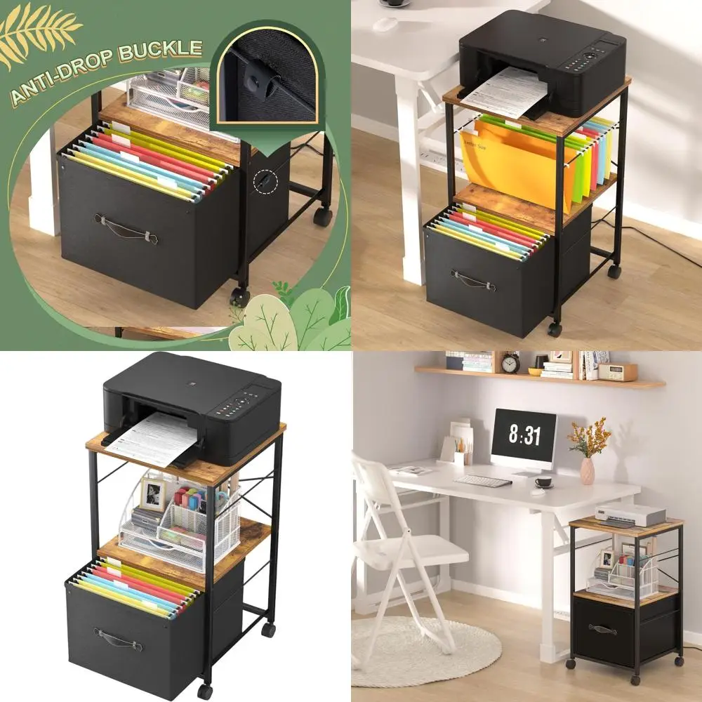 

Black Heavy-Duty Printer Cart with Swivel Casters and Dual Fabric Letter-Size Drawers