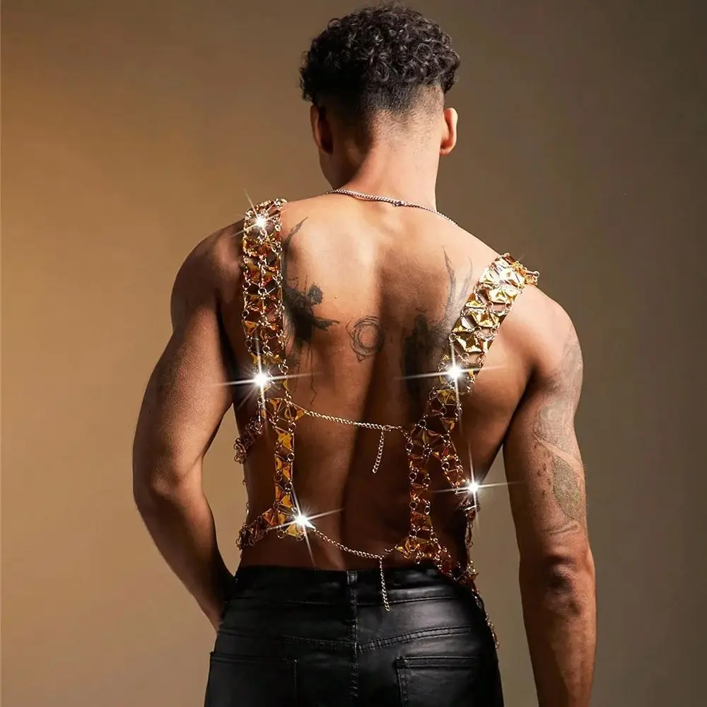 New Gemstone Chain Men's Vest European & American Sexy Metal Patchwork Backless Top Summer Beach Vacation Outfit