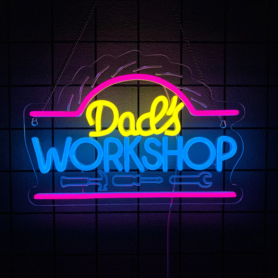 Dad'S Workshop Neon Sign For Wall Decor,Light Up Sign For Auto Repair Shop Decor,Garage,Man Cave,Bar,Festival Gift For Father
