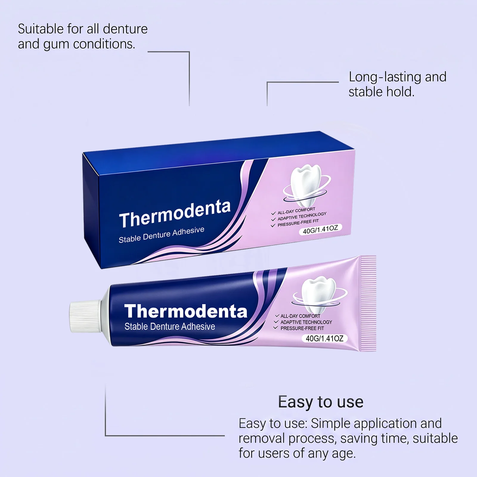 Thermodenta Denture Adhesive Cream 40G Strong Hold All‑Day Hold Pressure‑Free Fit For Loose Full & Partial False Teeth