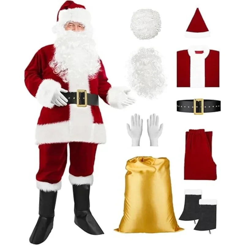 

M-4XL Bigger Size Santa Claus Costume for Men with Beards Complete Deluxe Santa Suit Premium Velvet Classic Santa Costume Adults