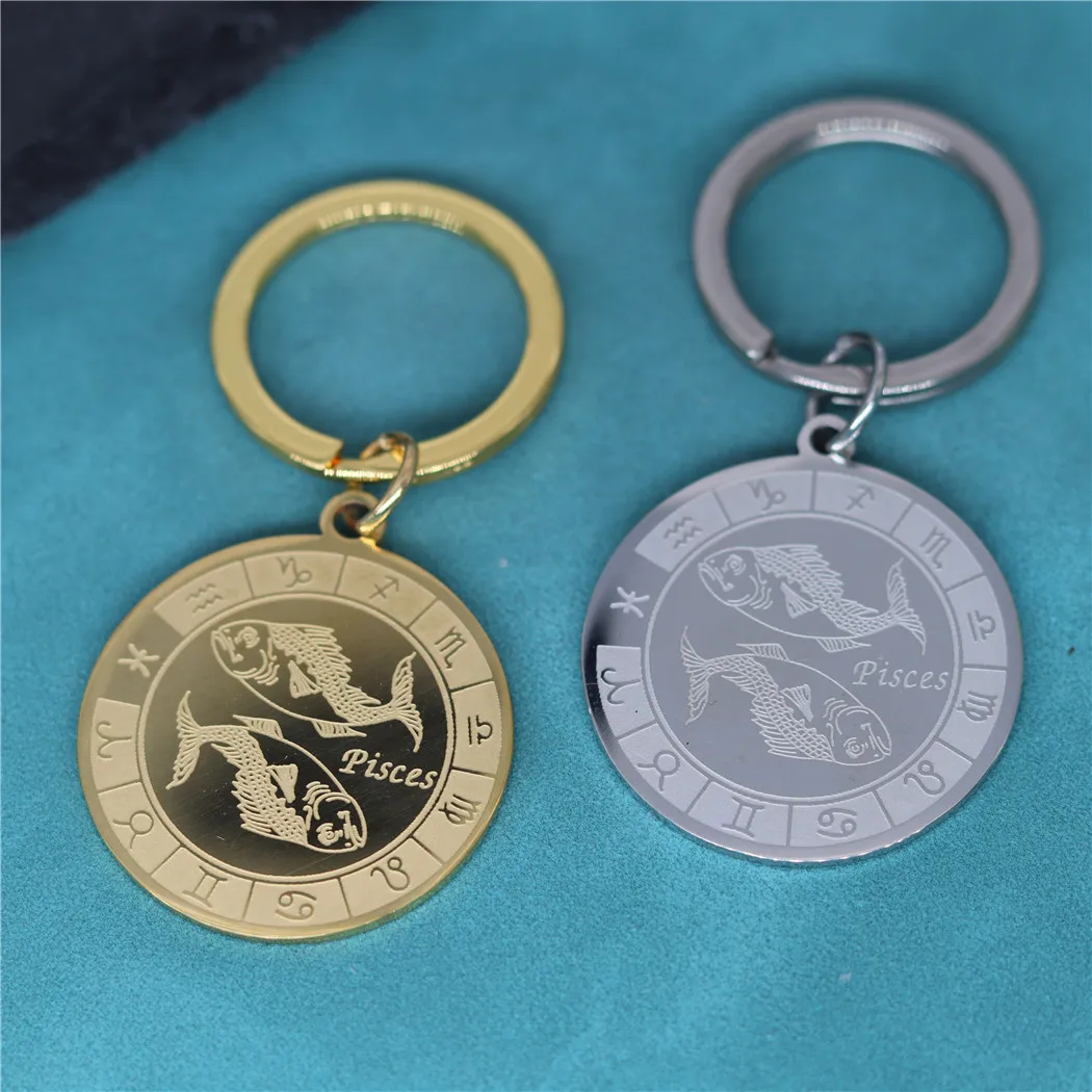 Zodiac Sign Pisces Keychain For Men Women Stainless Steel 12 Constellations Fish Symbol Round Pendant Key Chains Amulet Jewelry