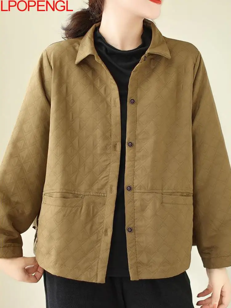 

Осенняя новая свободная и универсальная куртка с длинными рукавами и широкой талией в ромбовидной сетке, женское винтажное свободное короткое пальто с отложным воротником