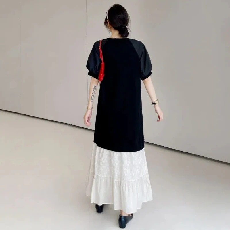 Estate 2025 delle donne Allentato Oversize Stile Francese Patchwork T-Shirt Abito Ricamo Lady Abiti Nuovo Abbigliamento Femminile KE665