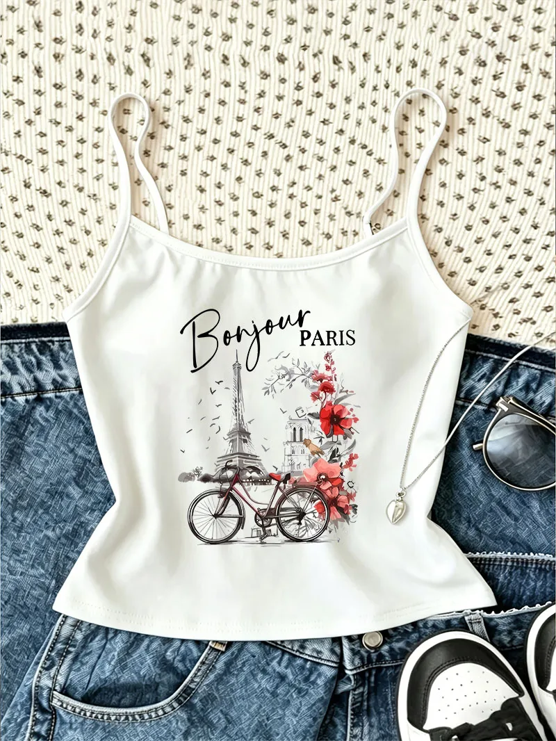 Fashion Paris Print Retro Casual Crop Top Camisole Top Vest Wear Spring Summer 90s Women'S Tank Top Women Girls