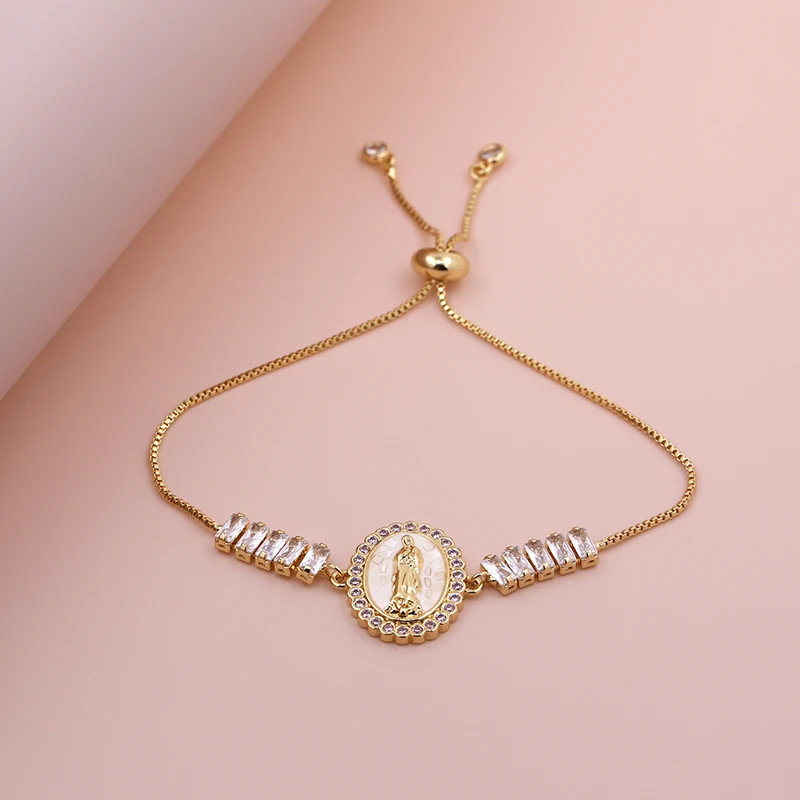 Oval Shape Shell Zircon Virgin Mary Push Pull Adjustable Bracelet 2023 Women Classic Versatile Jewelry