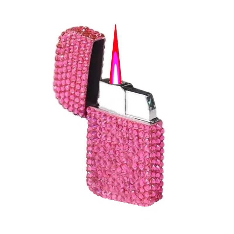 Cute Pink Diamond Encrusted Lighter Outdoor Windproof Straight Forward Cigarette Lighter Personalized Small Gift for Women