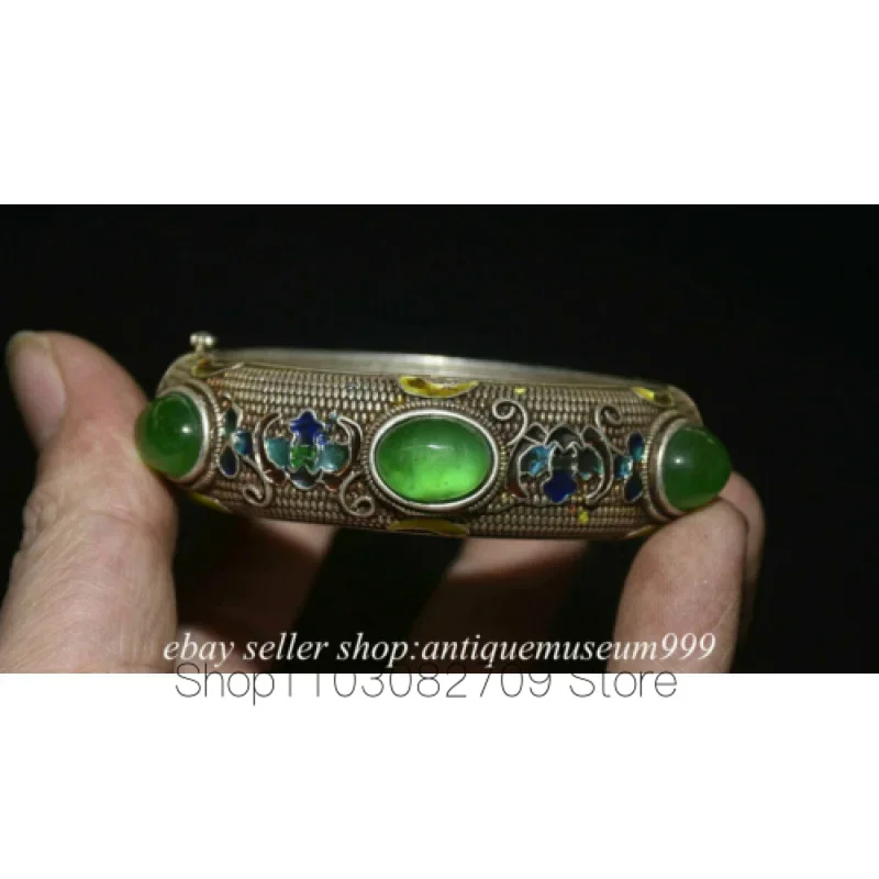 3.8 Inch Old-Fashioned Chinese Silver Inlaid Green Jade Gem Bat Bird Bracelet Pendant 