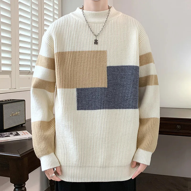 Autumn Winter Men Fashion Patchwork Sweaters Warm Knitted Tops Long Sleeve O-neck Pullovers Vintage Male Casual Loose Knitwear