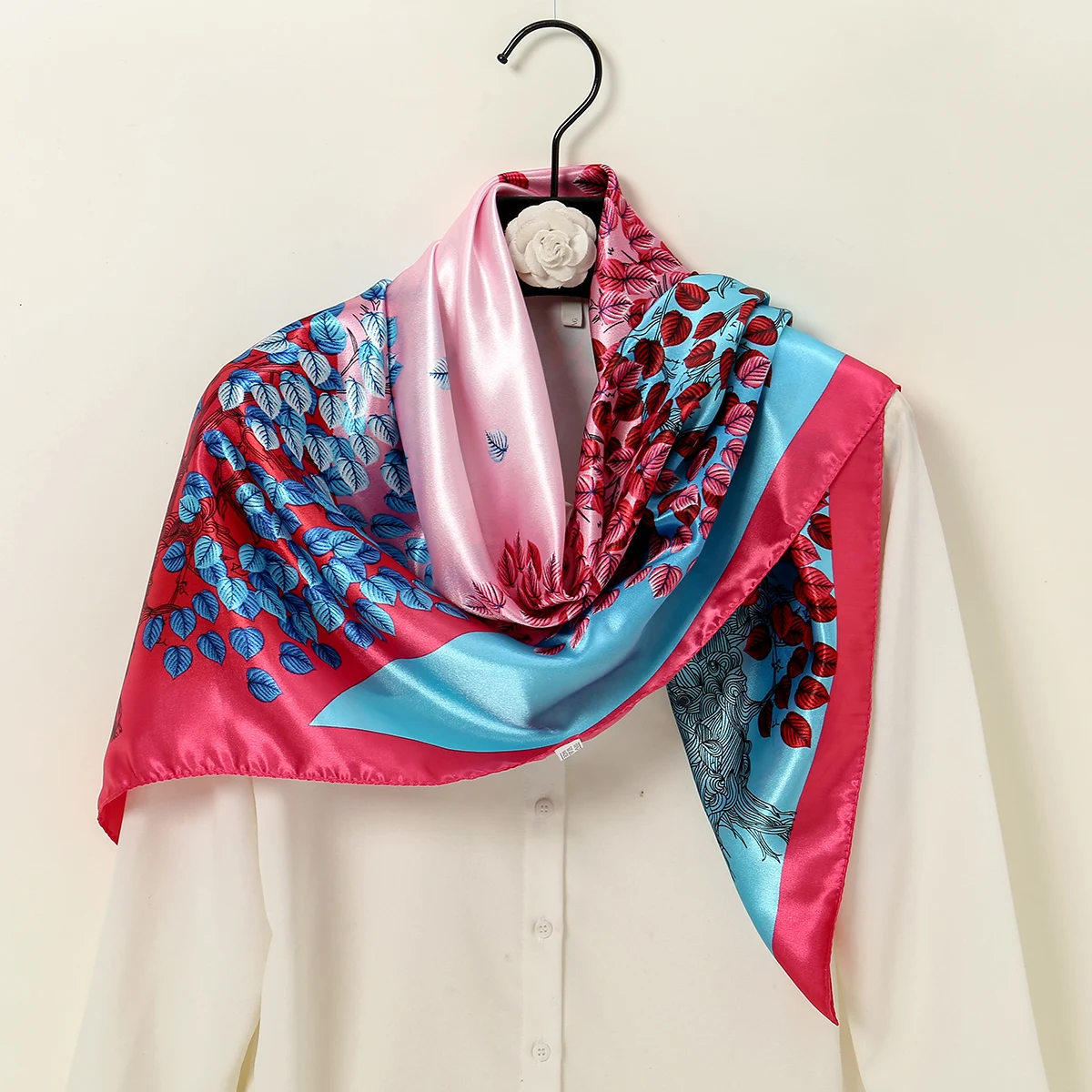 Square Satin Silk Scarf Leaves Printed Hijab Bandana For Women Turban Muslim Summer Headband Ladies Elegant Wraps Shawl 90*90cm