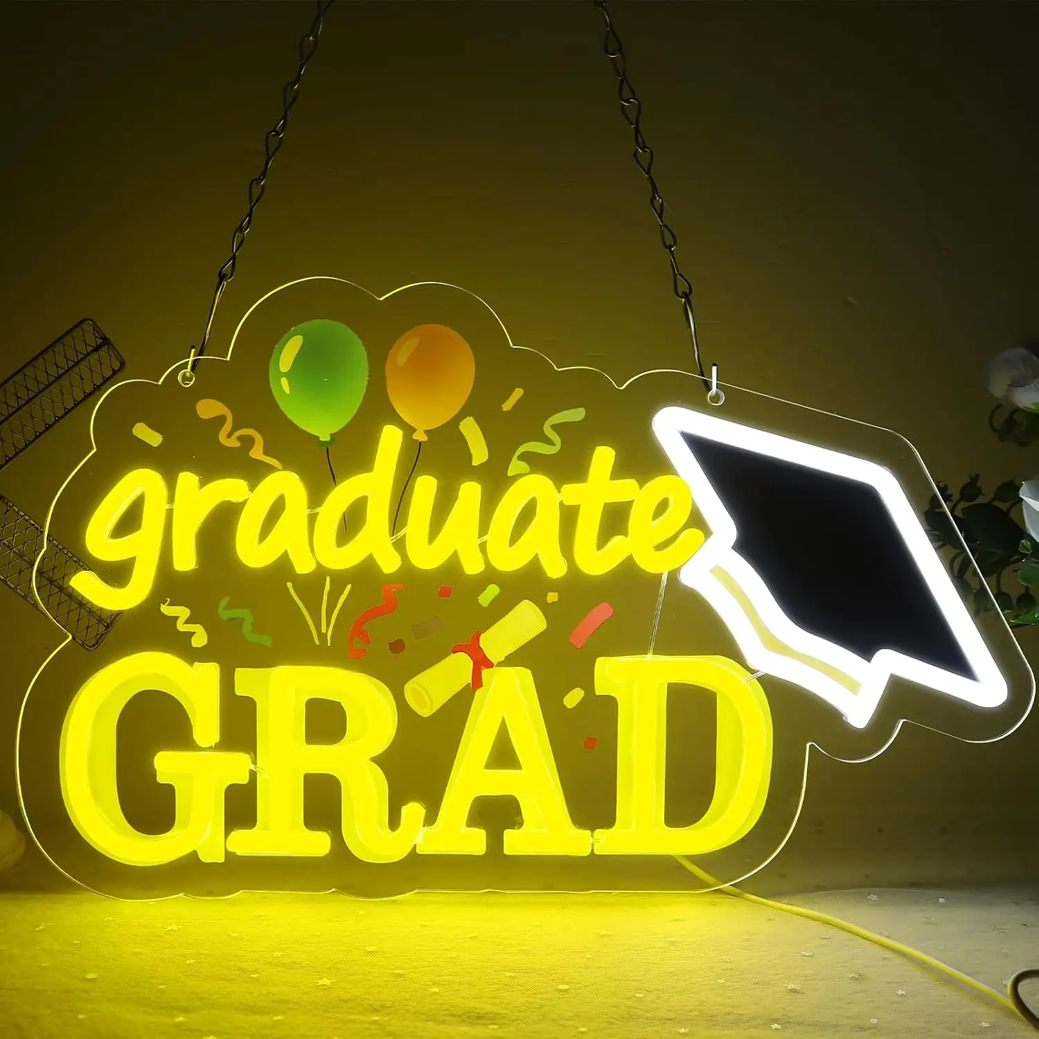  Graduate GRAD LED Neon Sign USB Wall Light Graduation Cap Balloon Neon Lamp Grad Party Backdrop Bedroom Dorm Decor Gift