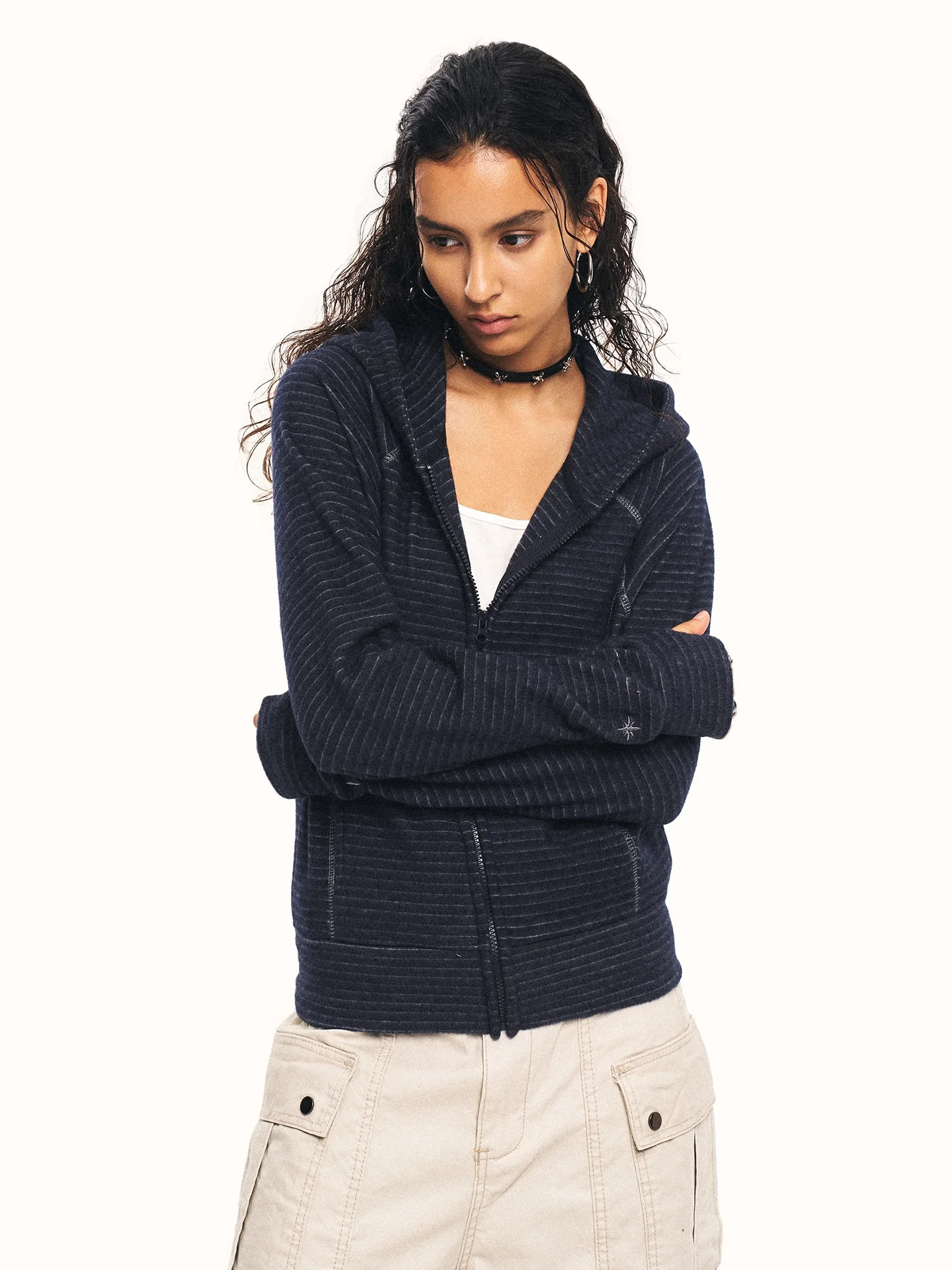 0123Start American Retro Striped Hooded Zipper Cardigan Women's Slim Fit Autumn Winter Fashion Outerwear Standard Fit Long Sl...