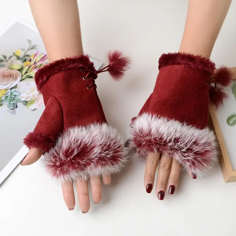 

Winter Women Suede rabbit fur half finger gloves Warm Solid Color Cute Cold Resistant Gloves Soft Plush Fluffy Gloves
