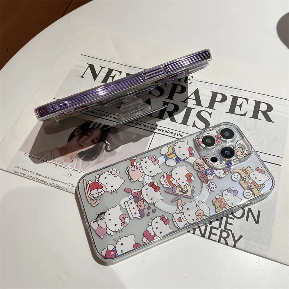 Cartoon Hello Kitty for Magsafe Magnetic Bracket Phone Case for IPhone 16 15 14 13 12 11 Pro Max Plus Anti-fall Clear Back Cover