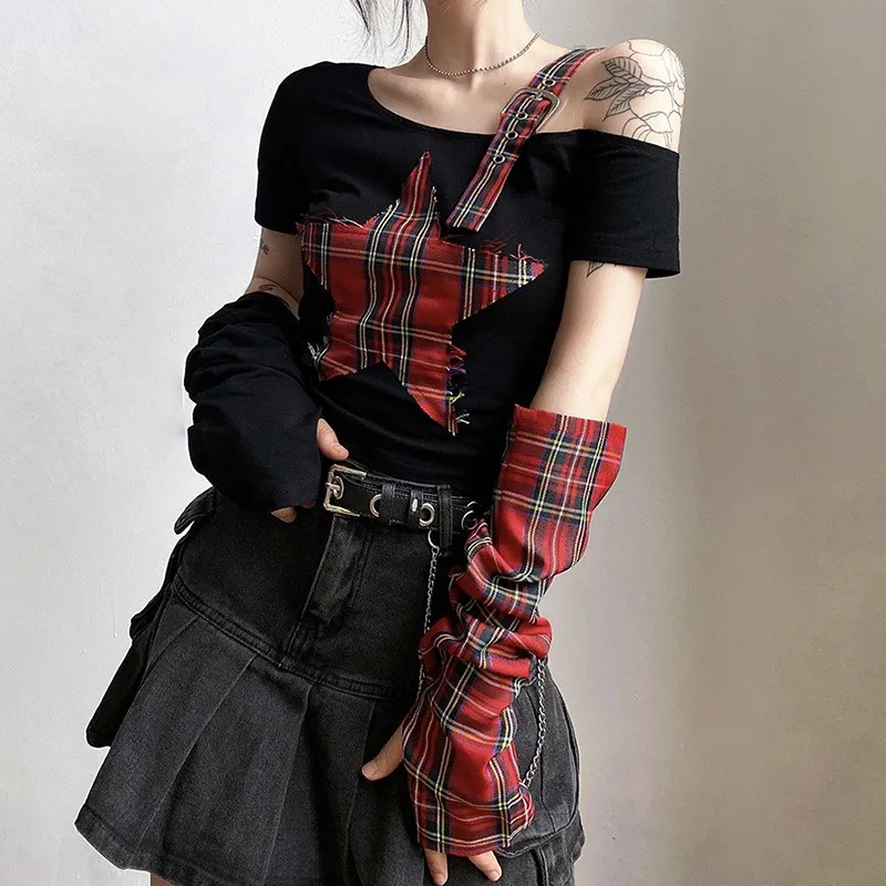 Karrcat Dark Aesthetic Irregular Crop Top Gothic Punk Style Patchwork Tshirt Grunge Y2k Top Harajuku Mall Goth Streetwear E-girl