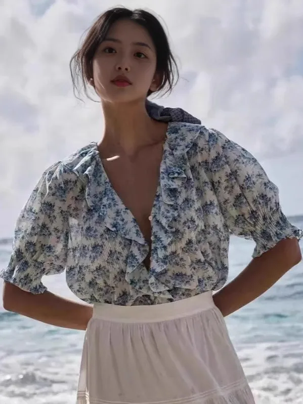 

Летняя коллекция 2025: Роскошная хлопковая блузка с цветочным принтом, V-образным вырезом и рукавами-фонариками, свободного кроя, для повседневной носки