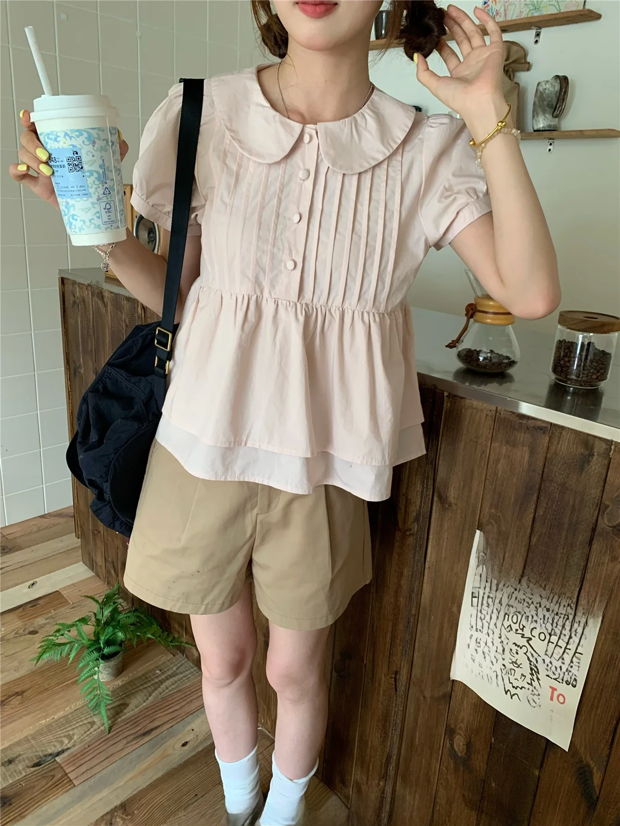 

Pink Bubble Sve Pleated irt PPHOME White Peach Oolong Tea Girl's Sle Doll Collar Meat Concealing Summer irt