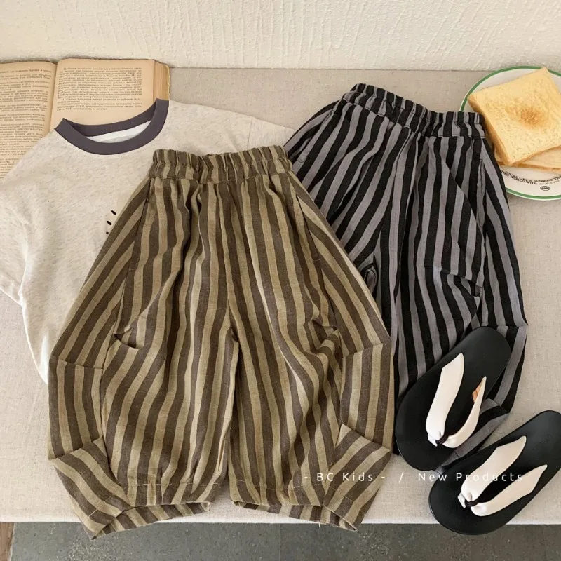 

New Summer Kids Knee-length Pants Fashion Striped Boys‘ Middle Pant Girls' Loose casual lantern pants Children Outwear Shorts