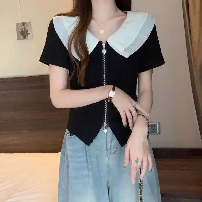 Summer New Women's Color Blocking Peter Pan Collar Zipper French Short Sleeves Loose Casual Irregular Design Short T-shirt Top