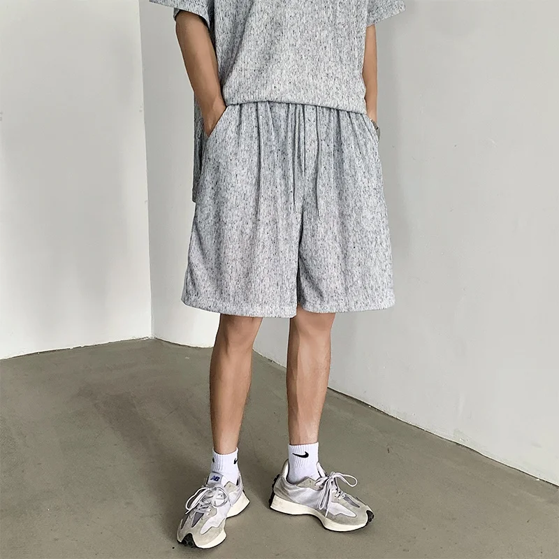 

Summer Casual Belt Splicing Design Men's orts Loose Knitted Five-Quarter Beach Pants Youth Active Sle Straight Leg Fit