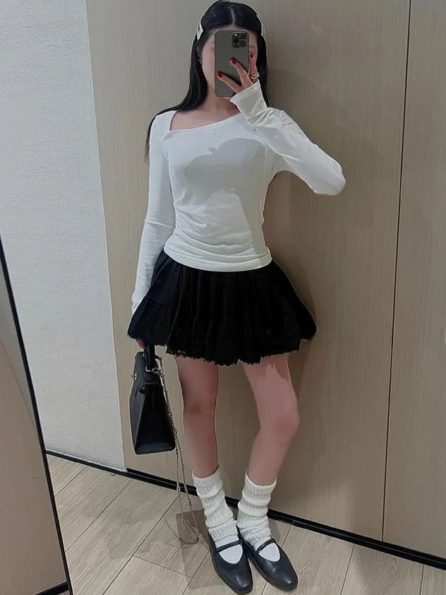 

oulder Bared Long Sve Asymmetrical Ne T irt Women's Slim Fit Inner Wear Base irt Top Color Knitted Pullover