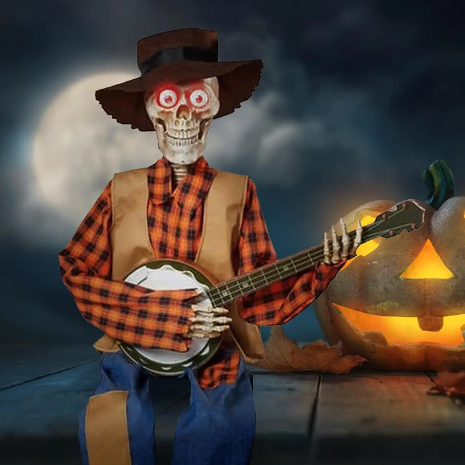 Animated Motion Sound Activated Musical Multi Lingual Banjo Skeletons Duo Halloween Fall Indoor Glowing Skeleton Skeleton Decor