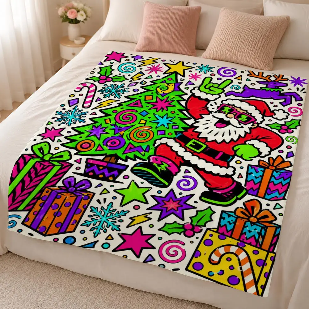 Psychedelic Christmas Santa Neon Graffiti Art Throw 320g Soft Flannel Fleece Throw Blanket Cover Sofa Bed Dorm Nap Gift