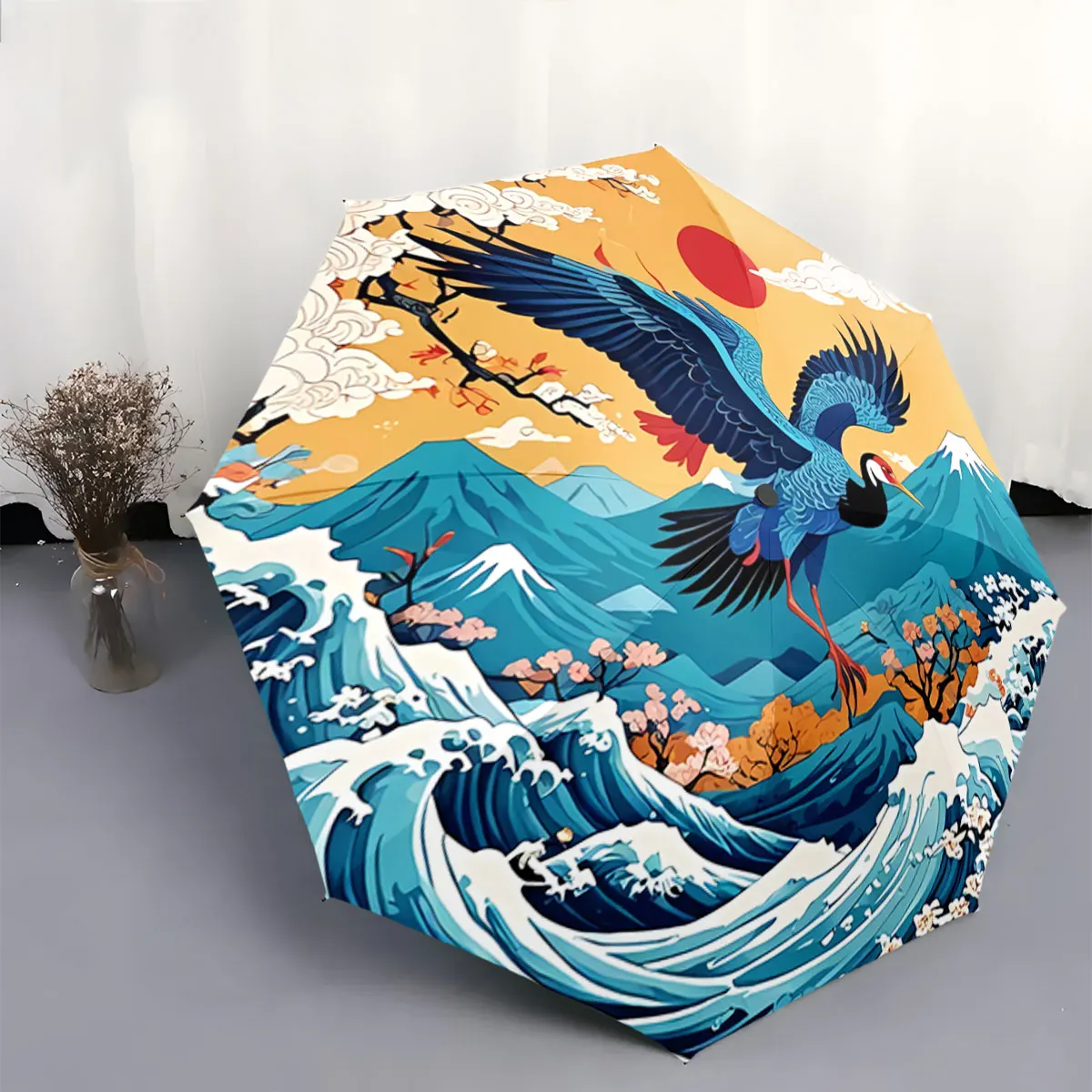 Elegant Crane Design with Sunset, Waves, and Mountain Scene portable waterproof sun rain umbrella for outdoor travel beach