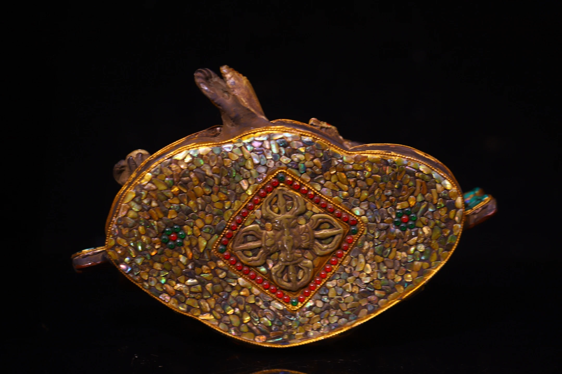 Folk Bronze Painted Mosaic Gem gZi Beads Shell Turquoise Yellow Jambhala Sitting Buddha Worship Hall Town house