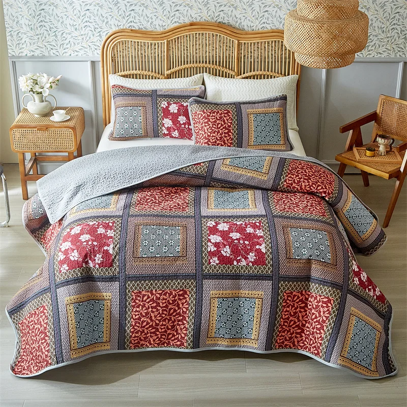 3pcs Set Ultrasonic Wash Cotton Printed Pastoral Quilted Bedspread Soft Breathable Bedsheet with 2 pcs pillowcase