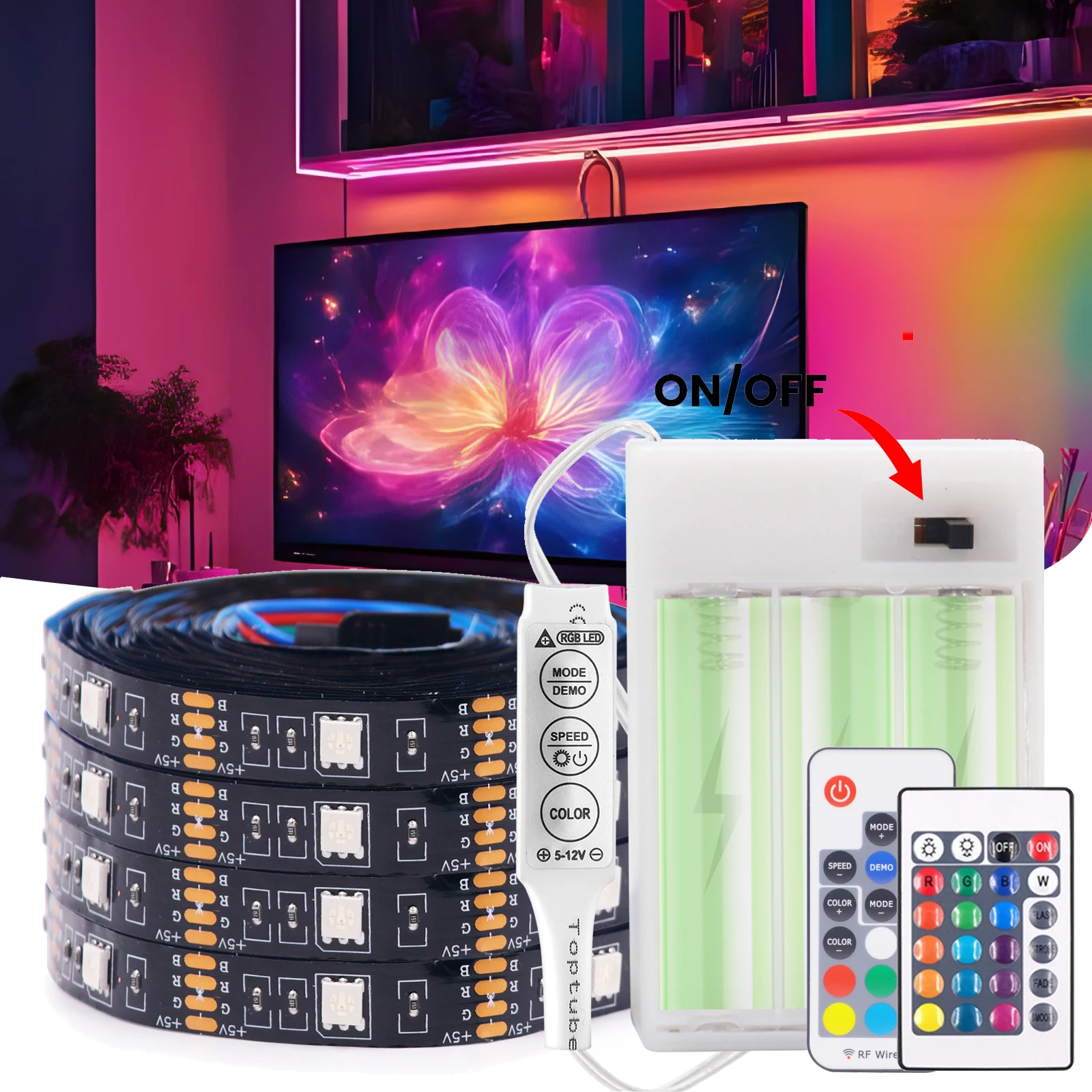 

5V RGB LED Lights Strip 3AA Battery Powered 5050 30LEDs/m Waterproof Flexible Tape for TV Backlight Room Vanity Wardrobe Cabinet