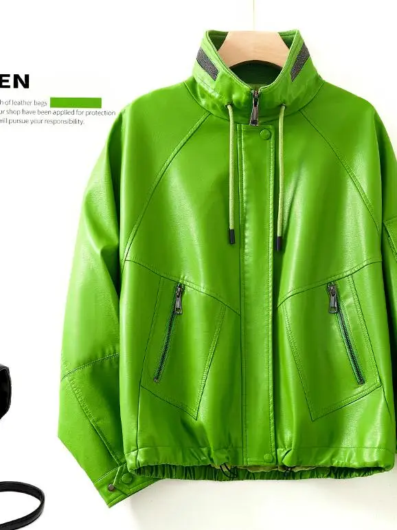 Faionable Real Leather Jaet Women's Loose Casual Biker Sle Autumn Winter eepskin Coat Trendy Zipper ort Length