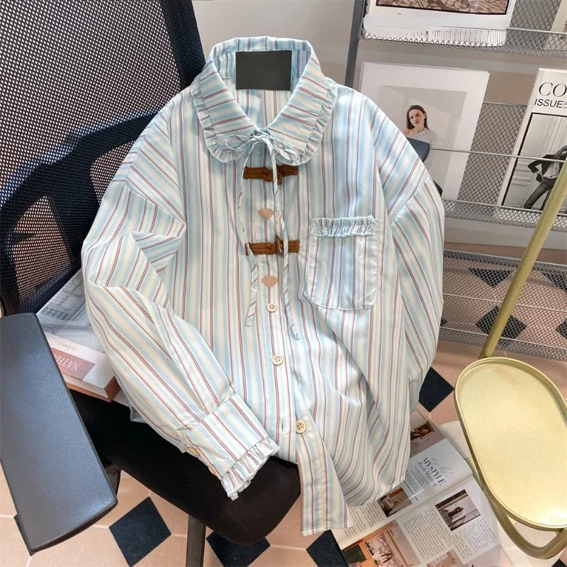 

Doll Neck Horn Button Striped Shirt Blusas Mujer De Moda Blouse Women Camisa Feminina Spring Autumn Chemise Femme Tops Korean
