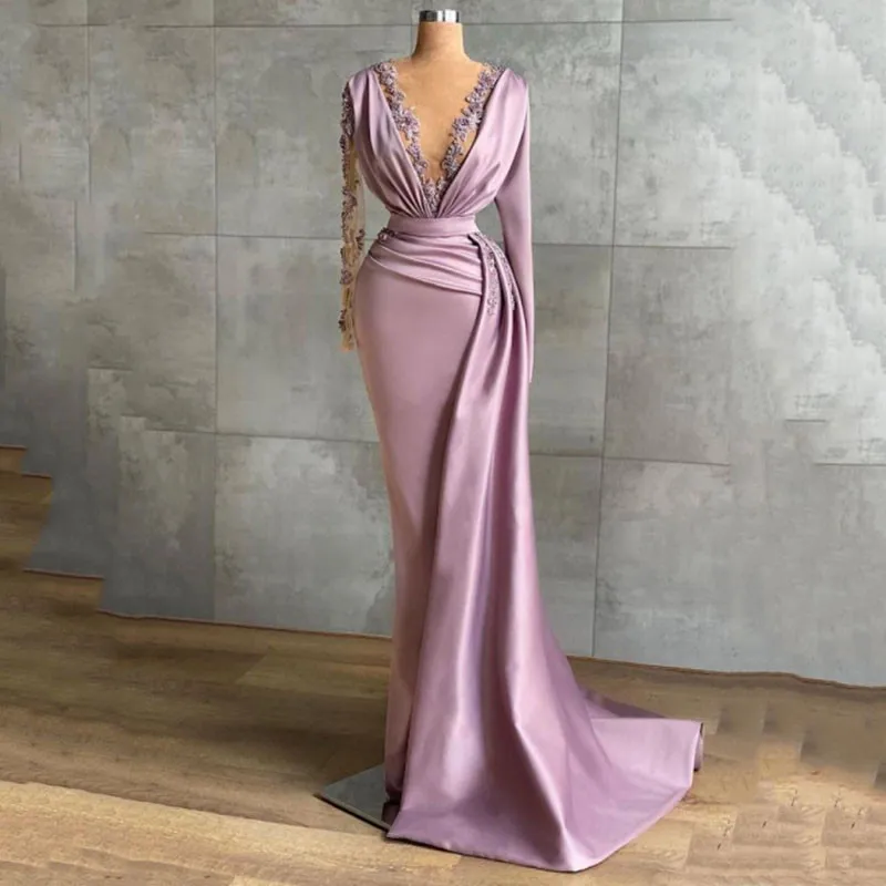 Bridalaffe abito da ballo a sirena viola di lusso con scollo a V Appliques pizzo maniche lunghe abiti da sera per feste Vestidos De Festa