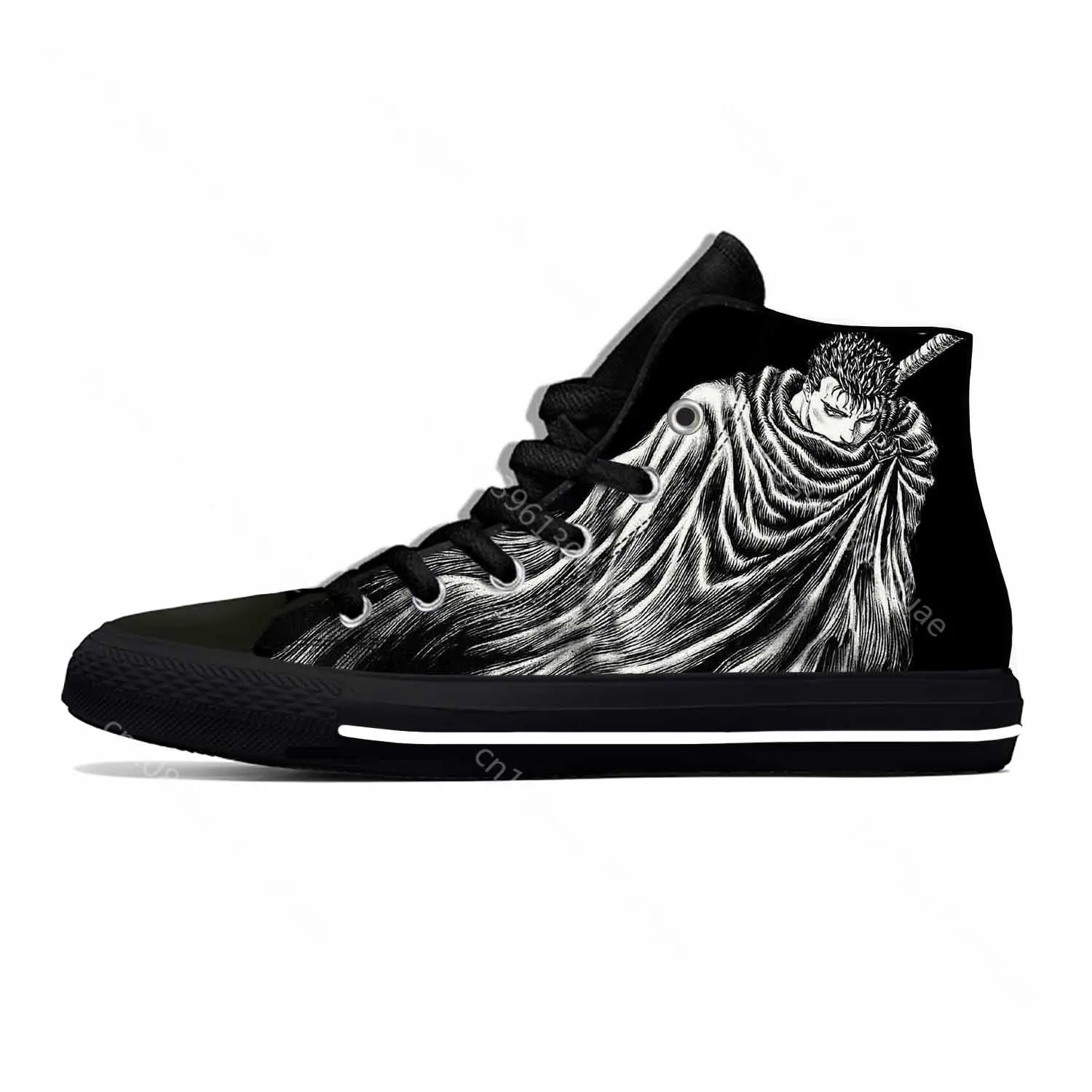 Desenhos animados de manga feminina e masculina Sapatilhas berserk guts, sapato de pano casual, top alto, leve, respirável, impressão 3D, preto, espadachim, anime