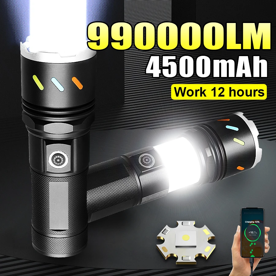 

990000LM Most Powerful Flashlight Portable Rechargeable LED Lamp Tactical Lantern With COB Light Outdoor Camping Fishing Lamp